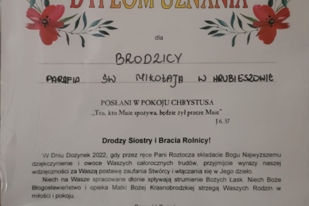 11 września 2022 r. delegacja Sołectwa Brodzica reprezentowała Parafię Św. Mikołaja w Hrubieszowie na diecezjalnych Dożynkach w Krasnobrodzie.