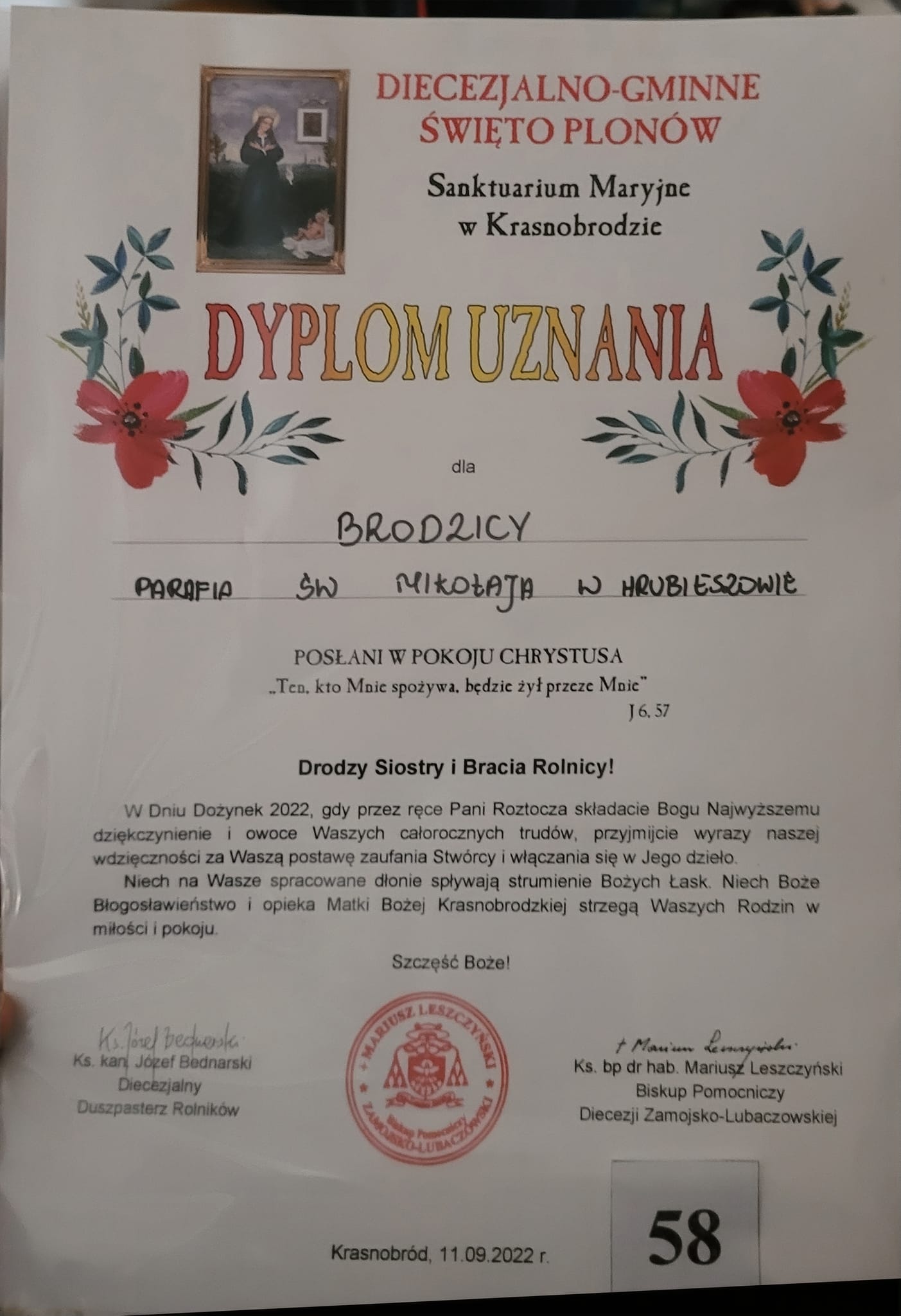 11 września 2022 r. delegacja Sołectwa Brodzica reprezentowała Parafię Św. Mikołaja w Hrubieszowie na diecezjalnych Dożynkach w Krasnobrodzie.